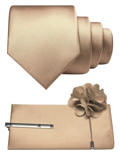 JEMYGINS Formal Necktie Solid Color Tie and Pocket Square with Tie Clip Lapel Pin Sets for Men 4PCS - color: Champagne