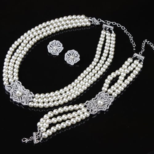 Multi Layer Bridal Jewelry Set Faux Pearl Necklace Earrings Bracelet Rhinestone Floral Choker Prom Necklace for Wedding bridal Bridesmaid (3 Piece)
