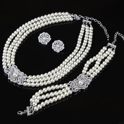 Multi Layer Bridal Jewelry Set Faux Pearl Necklace Earrings Bracelet Rhinestone Floral Choker Prom Necklace for Wedding bridal Bridesmaid (3 Piece)