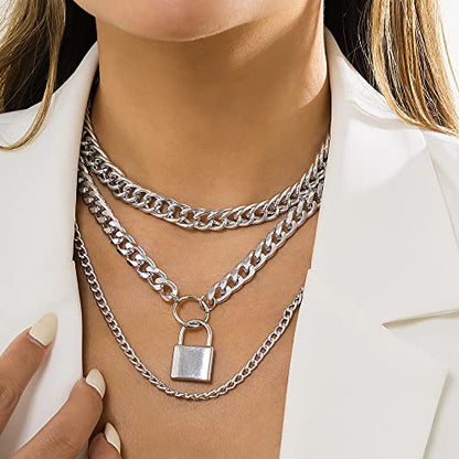Jumwrit Chunky Chain Necklace Punk Layered Choker Necklaces Cuban Link Chain Necklace with Lock Pendant Necklace Statement Necklace for Women and Girls - color: Silver