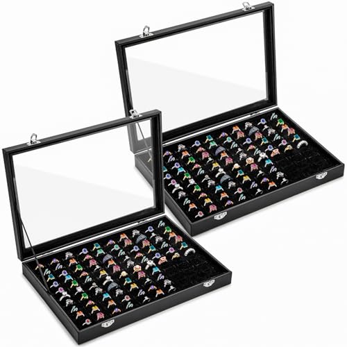 Elsjoy 2 Pack 100 Slots Ring Display Case with Transparent Glass Lid, Black Velvet Ring Organizer Box Large Ring Storage Tray, Vintage Jewelry Holder for Home, Selling