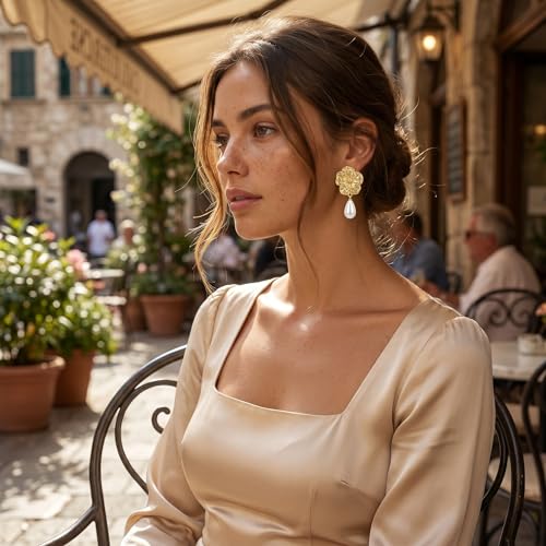 Chunky Gold Plated Flower Statement Drop Earrings for Women | Hypoallergenic 18K Gold Plated Textured Petal Wing, Large Statement Dangle Earrings for Wedding Party - color: Sunflower Pearl