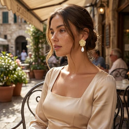 Chunky Gold Plated Flower Statement Drop Earrings for Women | Hypoallergenic 18K Gold Plated Textured Petal Wing, Large Statement Dangle Earrings for Wedding Party - color: Sunflower Pearl