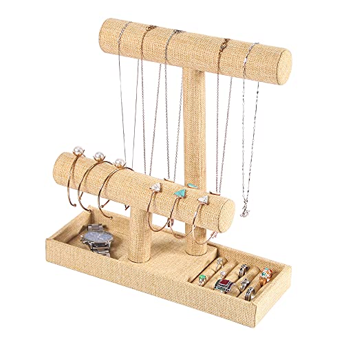 Coward 2 Tier Necklace Bracelet Holder Organizer With ring Tray, Linen Jewelry Display Stand for Watch Scrunchie Lipstick, Perfumes,Nail polish (Yellow Linen) - color: Yellow