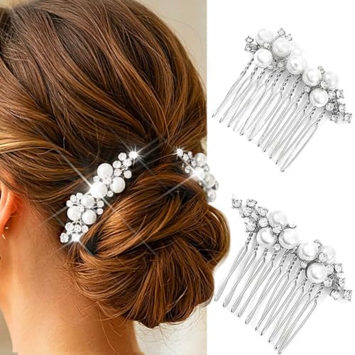 Brishow Silver Pearl Hair Comb Bridal Rhinestone Hair Combs Wedding Decorative Hair Accessories for Bridesmaids (2 Pcs) - color: Silver