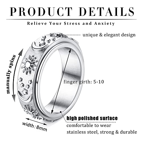 Magitaco Stainless Steel Spinner Rings Fidget Band Rings Moon Star Flower Butterfly Anxiety Rings for Women Men - color: Sun & Moon & Star