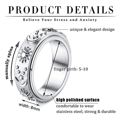 Magitaco Stainless Steel Spinner Rings Fidget Band Rings Moon Star Flower Butterfly Anxiety Rings for Women Men - color: Sun & Moon & Star