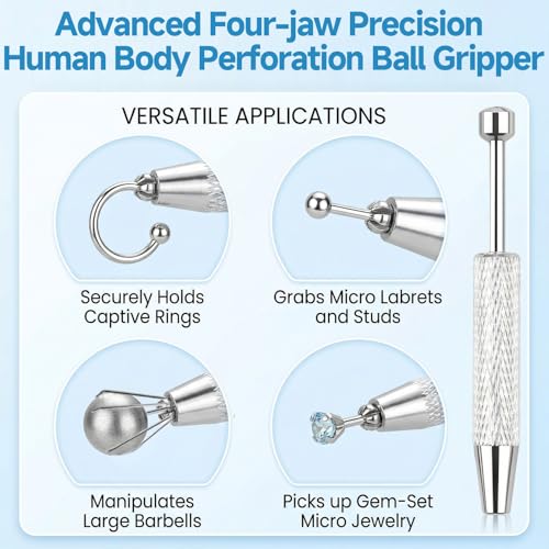 Piercing Tapered Ball Grabbing Tool for Changing Jewelry - 14G 16G 18G 20G Stainless Steel Flat Back Earring Applicator with Threaded, Internal Threaded, External Threaded Body Piercing Insertion Needle Kit for Ear Nose Navel Nipple Lip Eyebrow Tongue