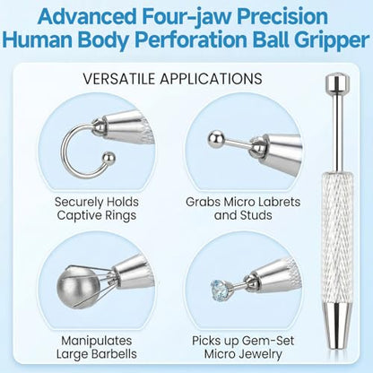 Piercing Tapered Ball Grabbing Tool for Changing Jewelry - 14G 16G 18G 20G Stainless Steel Flat Back Earring Applicator with Threaded, Internal Threaded, External Threaded Body Piercing Insertion Needle Kit for Ear Nose Navel Nipple Lip Eyebrow Tongue
