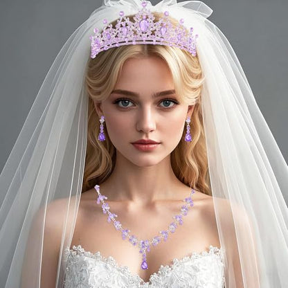 Crystal Crown and Tiara Jewelry Set for Women Bride with Necklace Earrings | Metal Rhinestone Royal Queen Princess Jewelry Set Wedding Quinceanera Pageant Prom Birthday Halloween Party Costume Gift - color: Purple