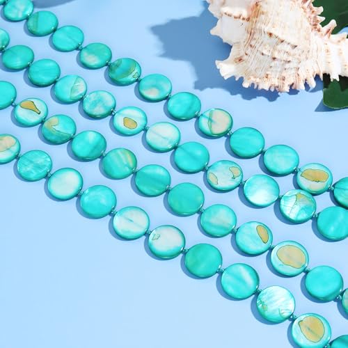 Firstmeet Flat Round Coin Shell Beads Long Knotted Necklace Natural Mother of Pearl Handmade Jewelry For Women - color: Teal