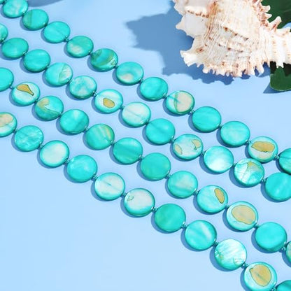 Firstmeet Flat Round Coin Shell Beads Long Knotted Necklace Natural Mother of Pearl Handmade Jewelry For Women - color: Teal