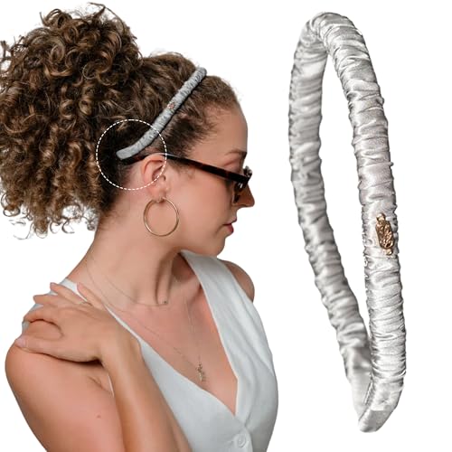 Curlfriend Collective Luna Silver Comfort Curve Silk Headband | Luxury 100% Mulberry Silk, No-Slip, Headache-Free Fit for Curly, Coily & Textured Hair for Women - color: Luna Silver