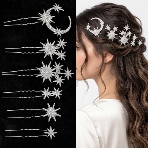 6 Pcs Hair Pins Rhinestone Celestial Crystal Goddess Style Hair Pieces Bride Bridal Wedding Side Clip Set Star Moon Decorative Barrettes Headdress Accessoriesfor Girls Women (Silver)