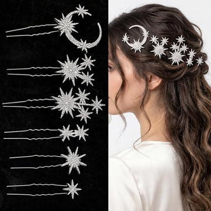 6 Pcs Hair Pins Rhinestone Celestial Crystal Goddess Style Hair Pieces Bride Bridal Wedding Side Clip Set Star Moon Decorative Barrettes Headdress Accessoriesfor Girls Women (Silver)