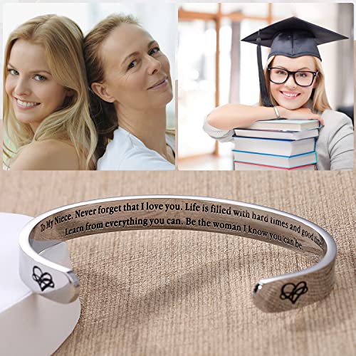 TONY & SANDY Inspirational Bracelets for Women Teen Girls Personalized Gifts for Daughter Granddaughter Mom Sister Friends Stainless Steel Engraved Cuff Birthday Easter Christmas - style: A - Niece Gifts - Never forget that I love you...Be the woman I kno