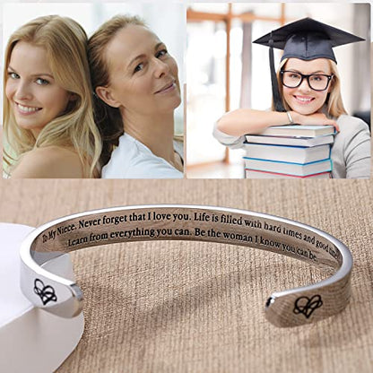 TONY & SANDY Inspirational Bracelets for Women Teen Girls Personalized Gifts for Daughter Granddaughter Mom Sister Friends Stainless Steel Engraved Cuff Birthday Easter Christmas - style: A - Niece Gifts - Never forget that I love you...Be the woman I kno