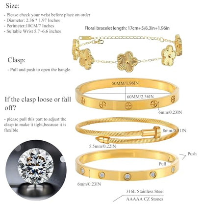 Womens Stackable Floral Gold Bracelets - 4Pcs 18K Gold Plated Bracelet,Stainless Steel Bangle Bracelets Non Tarnish, Gold Bracelet Set Trendy Jewelry,Christmas Valentines Birthday Gifts for Girlfriend - color: Bracelets Stack 4Sets (Floral Gold Bracelets,