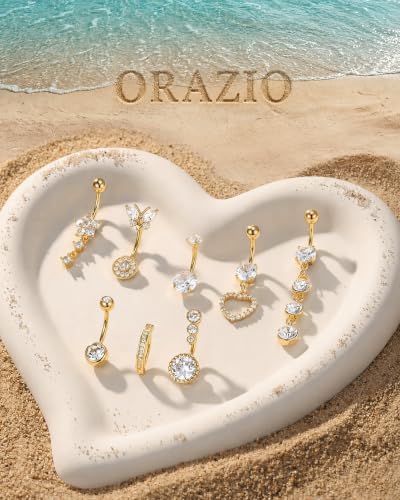 ORAZIO Gold Belly Button Ring Dangle Hypoallergenic Surgical Stainless Steel Belly Rings for Women 14G Belly Button Piercing Cute Navel Ring Belly Piercing Jewelry - color: Gold