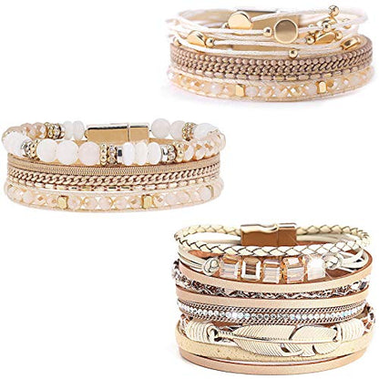 Leather Wrap Bracelet Set 3Pack Wrist Cuff Bracelet for Women Multilayer Magnetic Clasp Bracelet Feather Tree Bead Crystal Bracelet - color: Crystal