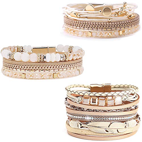 Leather Wrap Bracelet Set 3Pack Wrist Cuff Bracelet for Women Multilayer Magnetic Clasp Bracelet Feather Tree Bead Crystal Bracelet - color: Crystal