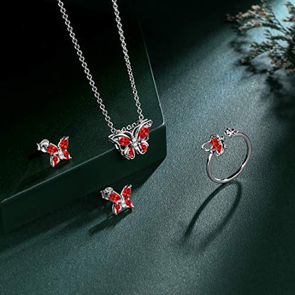 925 Sterling Silver Birthstone Butterfly Jewelry Women Crystal Animal Cute Butterflies Birthday Necklace/Earring/Ring/Bracelet Sets Birth Stone Statement Anniversary Jewellery - color: 2-A.January-Garnet