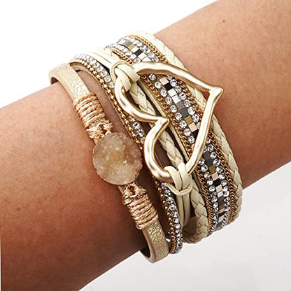 Suyi Multilayer Leather Wrap Bracelet Heart-Shape Wide Bracelets for Women - color: Khaki