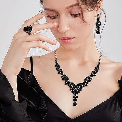 EVER FAITH Rhinestone Crystal Bridal Floral Wave Teardrop Necklace Earrings Set - color: 4pcs_Black Black-Tone