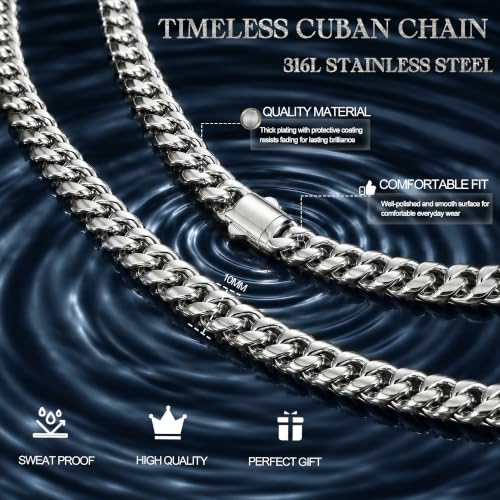 Gold Cuban Link Chain for Men Mens Stainless Steel Miami Curb Chains Necklace 5/8/10/12/14mm Thick Real Gold/Silver/Black Plated Diamond Cut Non-Tarnish Jewelry Trendy Gifts 16-30 Inch with Gift Box - color: 10mm Width - Stainless Steel, size: 20 in (51 c