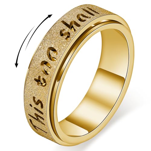 Fidget Spinner Ring for Women - THIS TOO SHALL PASS Stainless Steel 18K Gold Plated Anxiety Rotating Inspirational Ring for Stress Relief, Thumb Hope Rings Jewelry Gift for Women Men - color: Gold