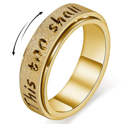 Fidget Spinner Ring for Women - THIS TOO SHALL PASS Stainless Steel 18K Gold Plated Anxiety Rotating Inspirational Ring for Stress Relief, Thumb Hope Rings Jewelry Gift for Women Men - color: Gold