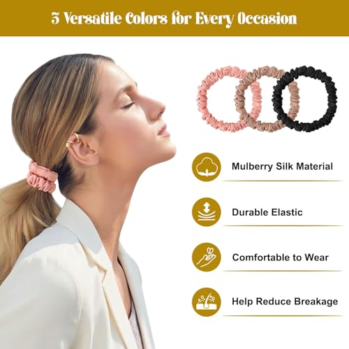 6Pcs Silk Hair Ties 100% Pure Mulberry Silk Scrunchies for Women Girls | No Hair Crease, Anti Frizz, Gentle Hold, No Damage, Black Brown Pink - color: Black&Brown&Pink