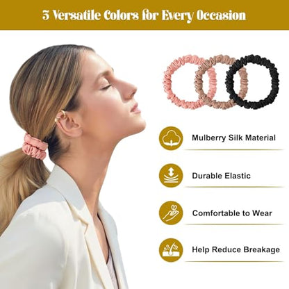 6Pcs Silk Hair Ties 100% Pure Mulberry Silk Scrunchies for Women Girls | No Hair Crease, Anti Frizz, Gentle Hold, No Damage, Black Brown Pink - color: Black&Brown&Pink