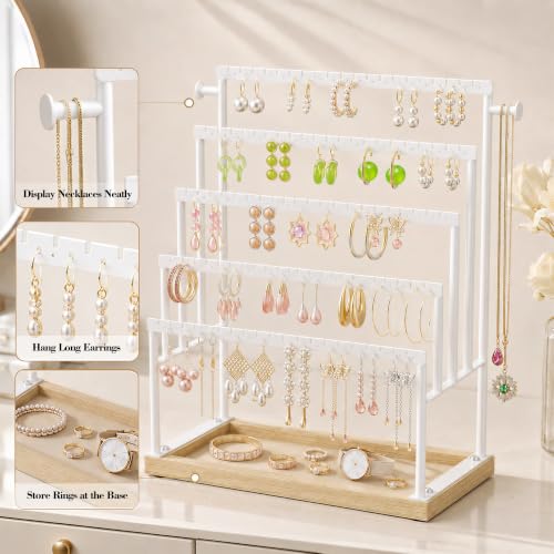 Large 5 Tier Earring Organizer and Holder, White | 100+ pair earring storage, jewelry holder stand, clean white finish, ideal for bright bedrooms and modern vanities - color: White