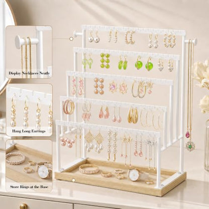 Large 5 Tier Earring Organizer and Holder, White | 100+ pair earring storage, jewelry holder stand, clean white finish, ideal for bright bedrooms and modern vanities - color: White