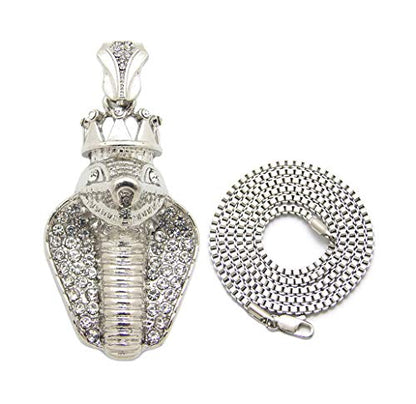 Fashion 21 Unisex Iced Out King Crowned Cobra Snake Pendant 24" Various Chain Necklace in Gold, Silver Tone - color: Silver / 2mm 24" Box Chain
