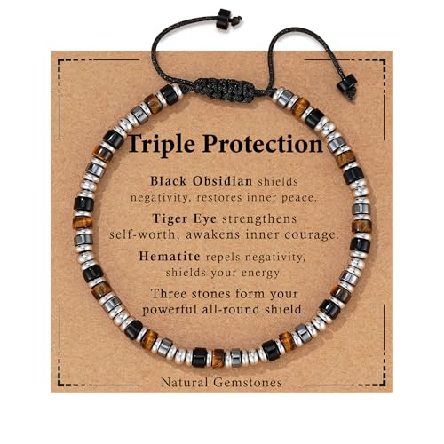 Healing Crystal Bracelet for Men Women, Triple Protection Hematite Black Obsidian Tiger Eye Natural Gemstone Beaded Bracelets Jewelry Gifts for Him - color: Triple Protection (Tiger Eye)