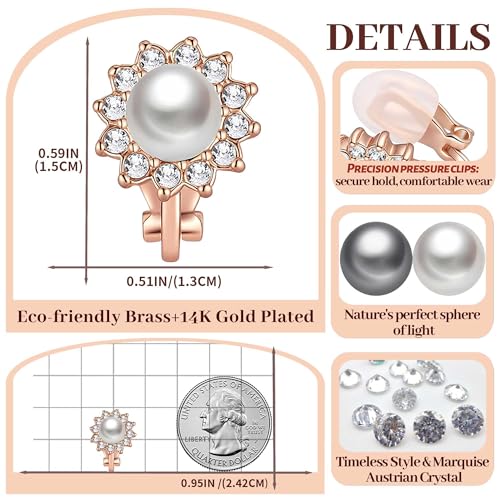 Pearl Clip On Earrings for Women, Austrian Crystal Halo | 14K Gold-Plated Finish, Comfortable Clip-On Fit, Non-Pierced Earrings, Soft Silicone Pads Included, Gift Box Included - color: White Pearl /Gold-Tone