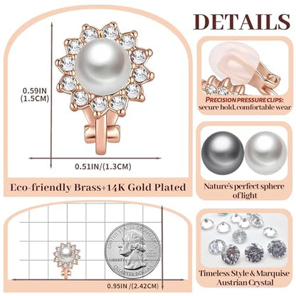 Pearl Clip On Earrings for Women, Austrian Crystal Halo | 14K Gold-Plated Finish, Comfortable Clip-On Fit, Non-Pierced Earrings, Soft Silicone Pads Included, Gift Box Included - color: White Pearl /Gold-Tone