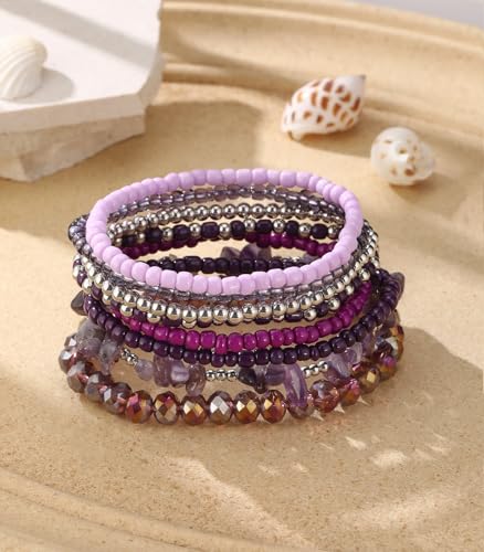 Noessla Boho Beaded Bracelets for Women Stackable Irregular Natural Stone Bead Stretch Bracelet Set 8PCS Costume Jewelry Gifts for Her - color: Purple