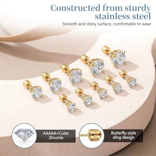 7 Pairs 20G Stainless Steel Stud Earrings Set Cubic Zirconia CZ Earrings Multi Size 2mm-8mm - color: golden, size: Leisure