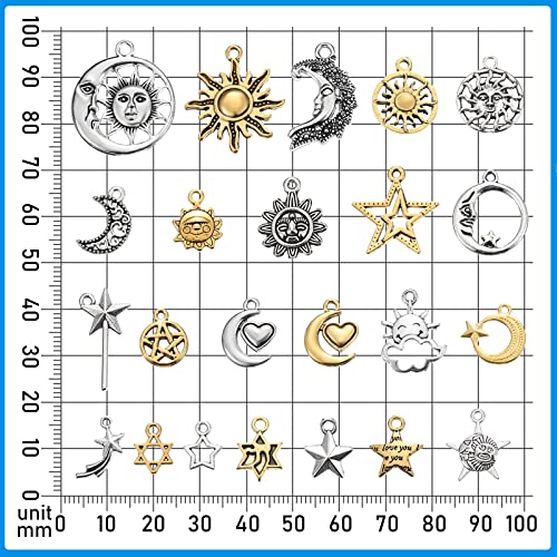 Hicarer 160 Pcs Bracelet Charms, Mixed Antique Sun Star Moon Charm Pendant Plated Enamel Celestial Charm for Jewelry Making
