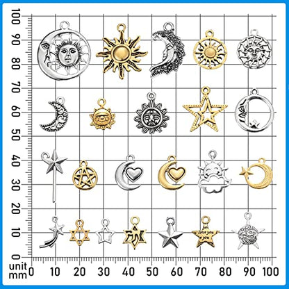 Hicarer 160 Pcs Bracelet Charms, Mixed Antique Sun Star Moon Charm Pendant Plated Enamel Celestial Charm for Jewelry Making