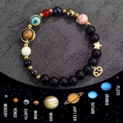 Solar System Planet Bead Zodiac Sign Stretch Bracelet for Men Women | Matte black beads with solar system planet stones, unisex design, perfect birthday holiday gift for men women - color: cancer