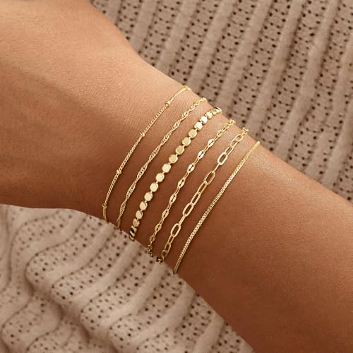M MOOHAM Gold Bracelets Set for Women No Tarnish | 14K Gold Plated, Dainty Stackable Bracelets Stack for Women, Herringbone Paperclip Rope Cuban Chain Bracelet Set Stack - color: 6.Singapore Dot Set