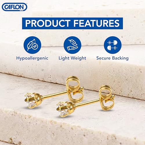 Caflon 24K Gold Plated | Stainless Steel Cubic Zirconia Stud Earrings 4mm | Nickel Safe Hypoallergenic Ear Jewelry | Sparkling Round Silver Tone Crystal Design with Secure Push-Back Closure | Everyday Fashion Jewelry - style: Gold Plated