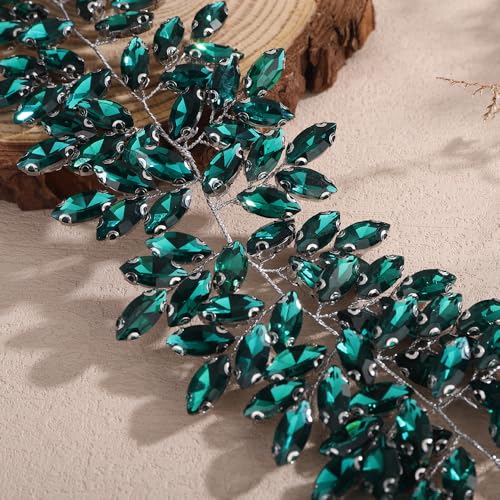 Missgrace Women Silver Green Black Red Blue Handmade Full Crystal Rhinestone Large Headband Hair Vine Shinny Headpiece Bridal Wedding Hair Accessories for Women (Silver Peacock green) - color: Silver Peacock green