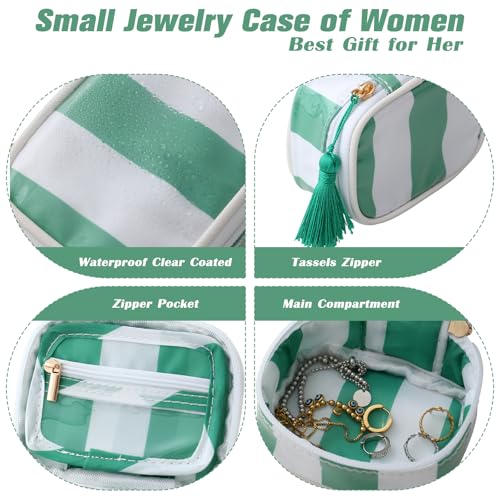 Travel Jewelry Case, White and Green | Clear Coated, Stripe, Tassels, Mini Storage Box for Ring,Necklace,Bracelet,Gift - color: White+Green