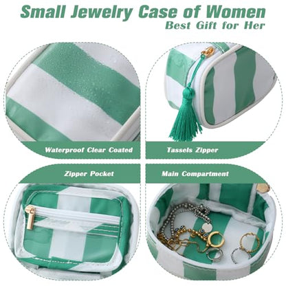 Travel Jewelry Case, White and Green | Clear Coated, Stripe, Tassels, Mini Storage Box for Ring,Necklace,Bracelet,Gift - color: White+Green