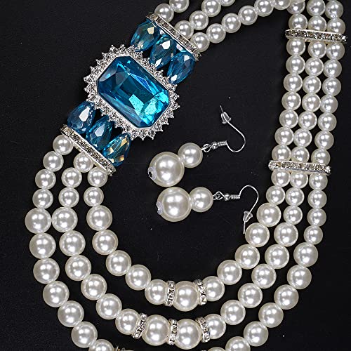Aimimier 1920s 3-layered White Faux Pearl Necklace and Earrings Set with Crystal and Rhinestone Bridal Long Pearl Necklace Statement Women Jewelry - color: Aqua blue